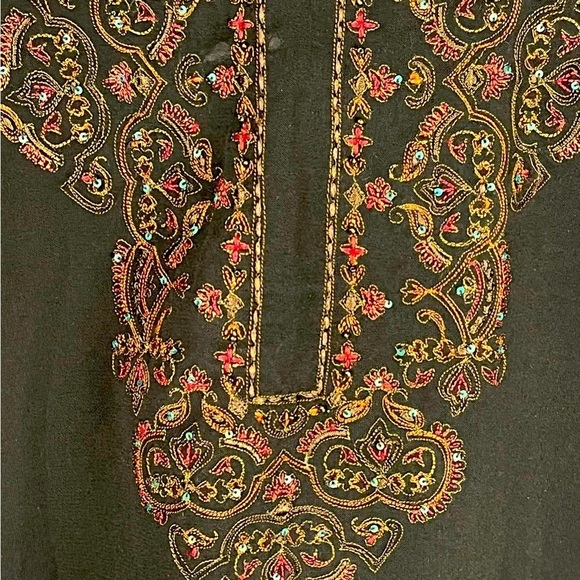 Vintage Boho Embroidered Beaded Sequin Black Tunic Top Large Whimsy Goth - Picture 3 of 15